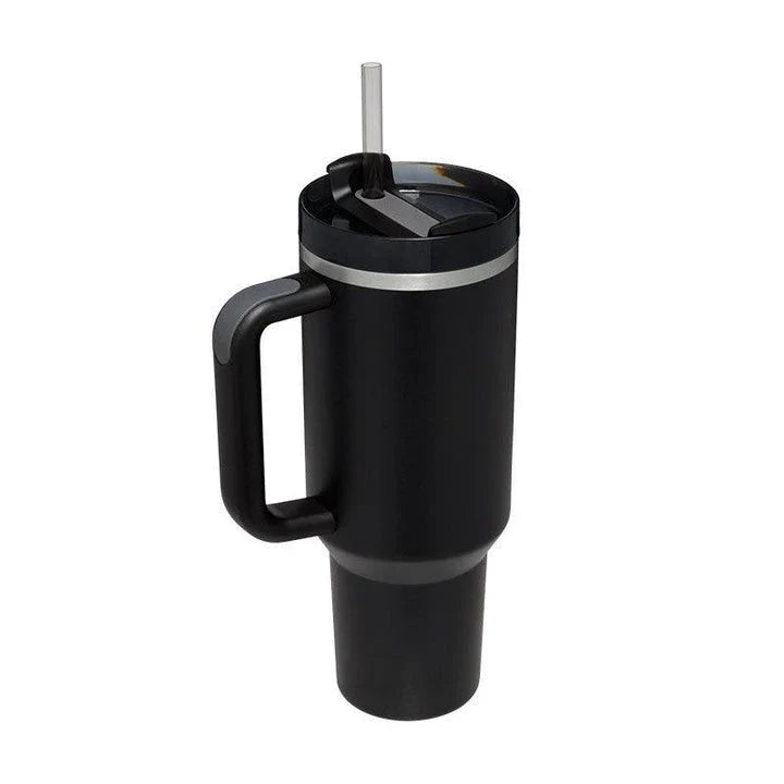 Premium insulated travel mug with straw, made of high-quality stainless steel to keep drinks hot or cold for up to 24 hours