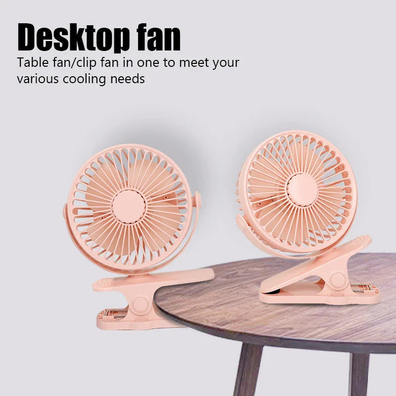 Portable Mini Hand Clip Fan with adjustable wind speed, 360° rotation, and USB rechargeable design for instant cooling relief