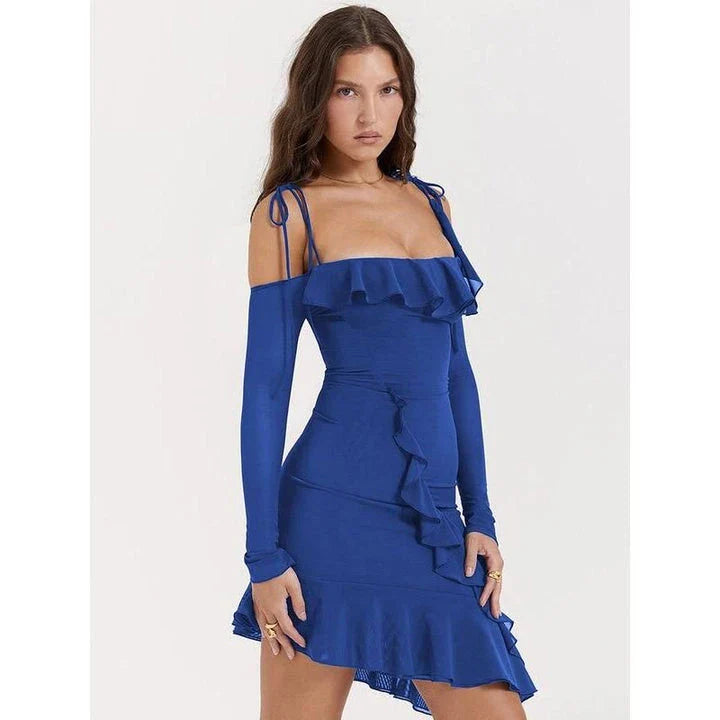 Elegant spaghetti strap backless ruffle mini dress in blue, perfect for autumn parties and events