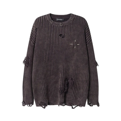 Classic ripped round neck jumper in a monochrome colour scheme, featuring a unique sunken stripe detail and a relaxed, comfortable fit.
