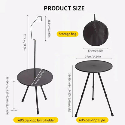 Adjustable ultralight portable camping round table with optional light stand, made from premium ABS and aluminium for durability and convenience