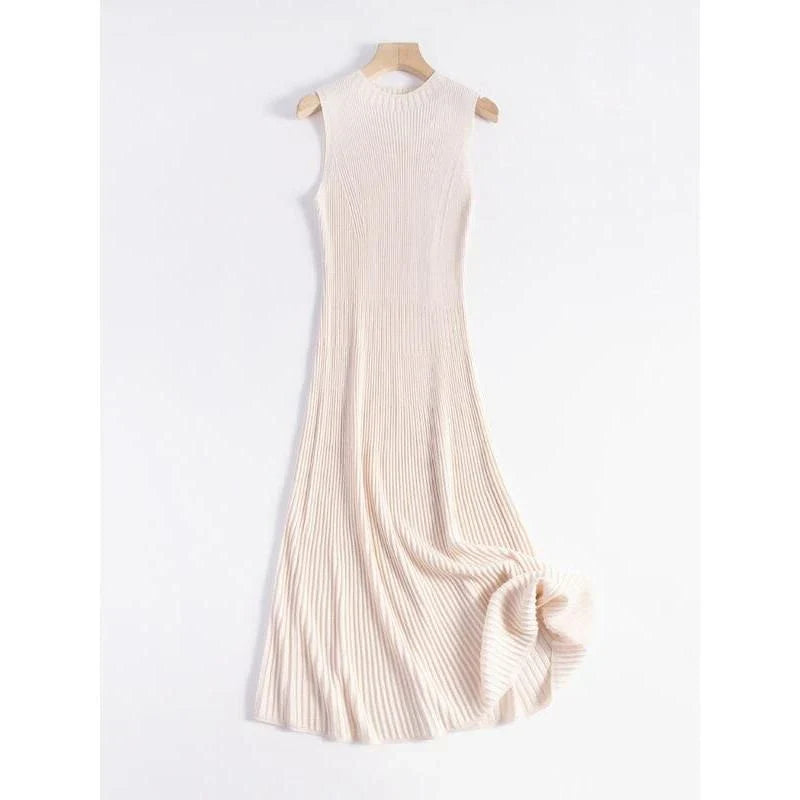 Elegant wool blend sleeveless dress in beige with a flattering fit-and-flare silhouette, perfect for autumn and winter wear