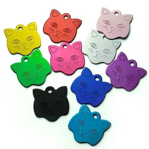 Customisable cat ID tags made from premium aluminium in a variety of vibrant colours