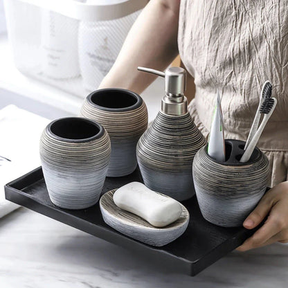 Elegant retro ceramic bathroom accessories set with toothbrush holder, soap dispenser, and mouthwash cup