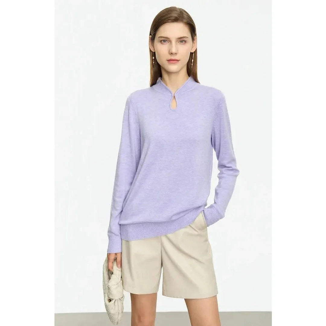 Chic minimalist u-collar long sleeve pullover in green and purple colours, featuring elegant design and cozy materials