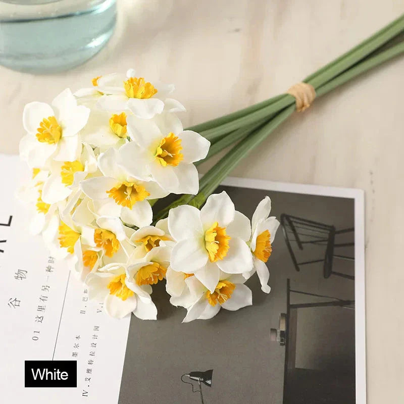 Elegant 6-Piece Artificial Narcissus Flower Bouquet - Lifelike silk narcissus flowers for hassle-free home and event decor