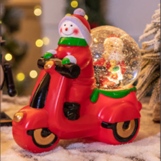 Festive music box Christmas ornaments with Santa Claus and snowman designs, creating a delightful holiday ambiance