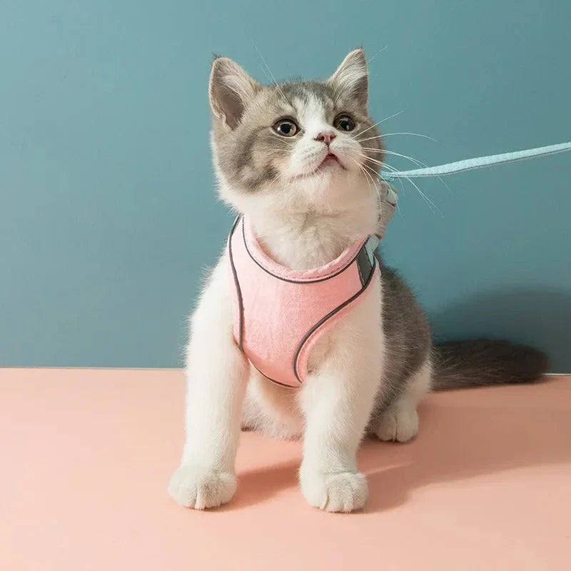 Cosy cat and dog harness and leash set in pink suede fabric for comfortable and stylish walks