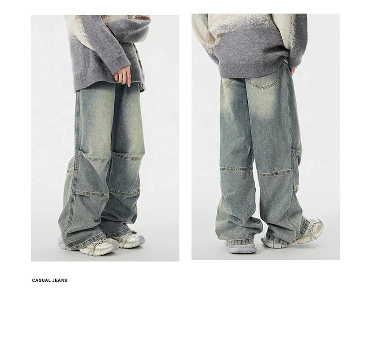 Men's overalls in retro blue denim with zipper fly and comfortable mid-waist design