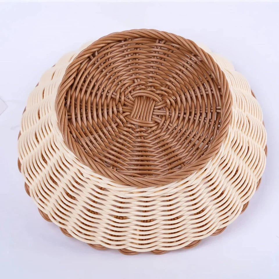 Handwoven produce and bread storage basket made from eco-friendly plastic that mimics natural rattan, with a dustproof cover to keep items fresh.