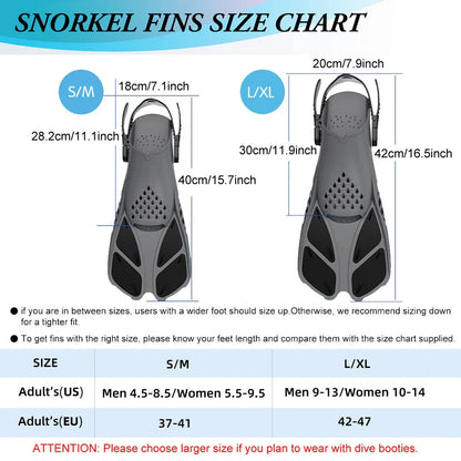 Adjustable open-heel snorkel fins with durable, lightweight construction and non-slip design for enhanced comfort and safety during underwater exploration