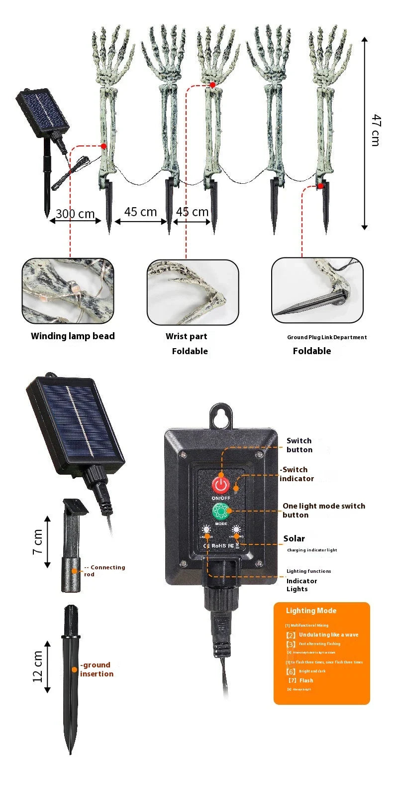 Solar-powered Halloween ground lamp with hand-shaped LED lights in purple and green colours, creating a spooky ambience in an outdoor courtyard