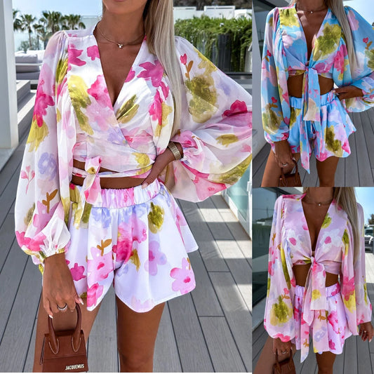 Elegant chiffon pleated shirt and shorts set in white, pink, and blue colours with lantern sleeves and tailored silhouette