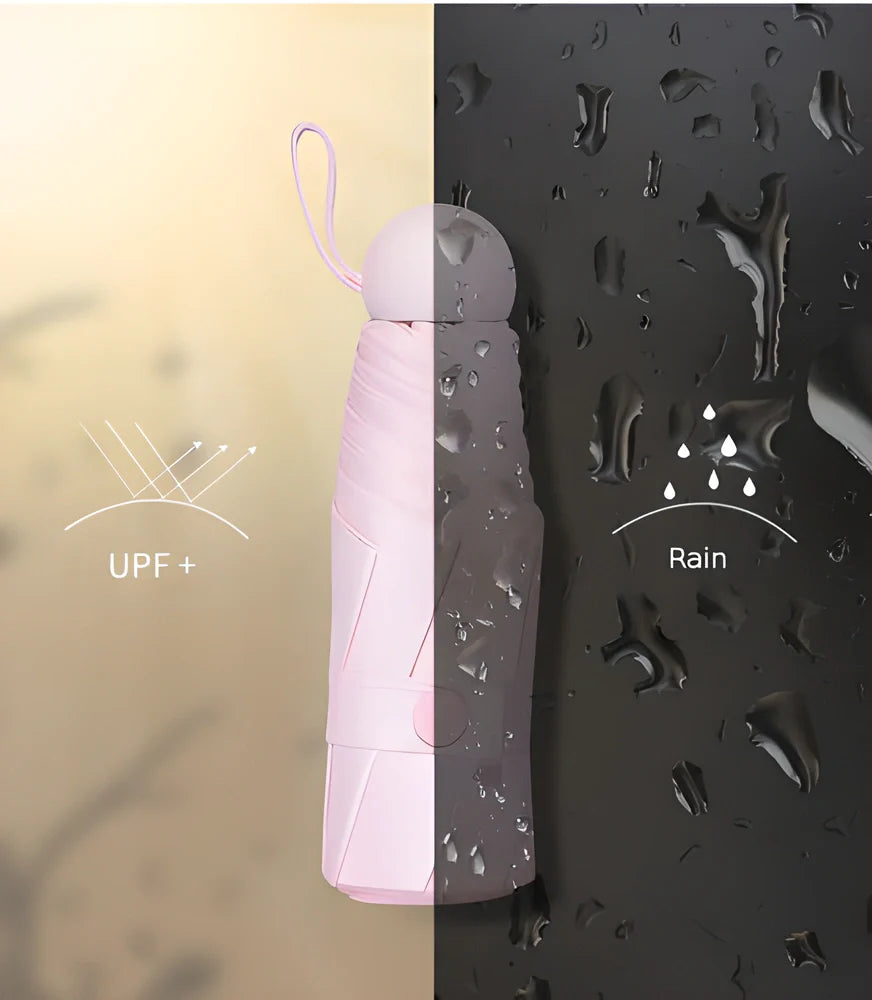 A compact, foldable umbrella with a stylish waterproof capsule case, made with high-tech Nano Polymer Compound fabric for superior water-repellency.