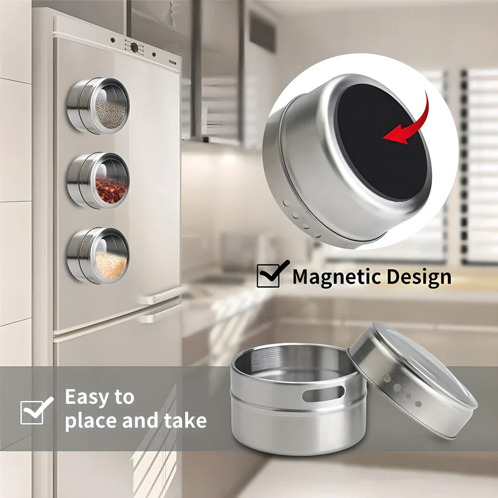 Premium magnetic stainless steel spice rack set with transparent windows and dual-purpose dispenser for efficient kitchen organisation