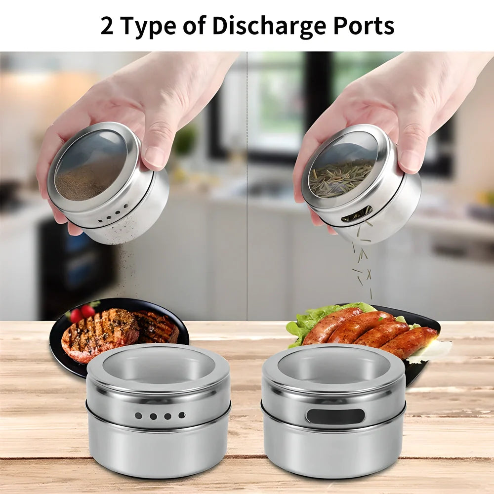 Premium magnetic stainless steel spice rack set with transparent windows and dual-purpose dispenser for efficient kitchen organisation