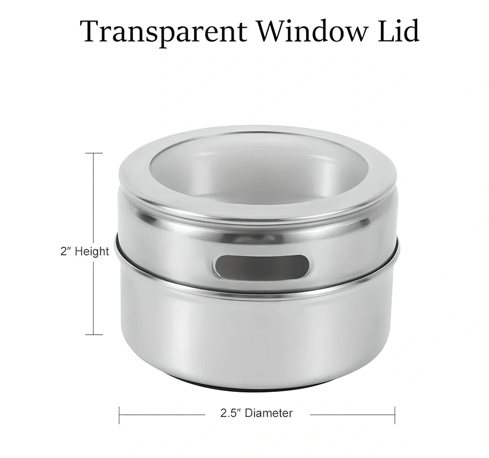 Premium magnetic stainless steel spice rack set with transparent windows and dual-purpose dispenser for efficient kitchen organisation