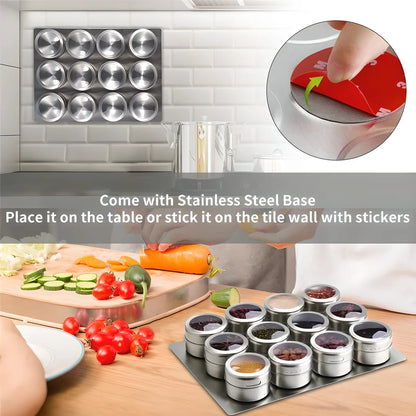 Premium magnetic stainless steel spice rack set with transparent windows and dual-purpose dispenser for efficient kitchen organisation