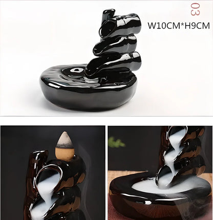 Elegant ceramic waterfall incense burner with flowing smoke and soothing sounds for a relaxing ambiance