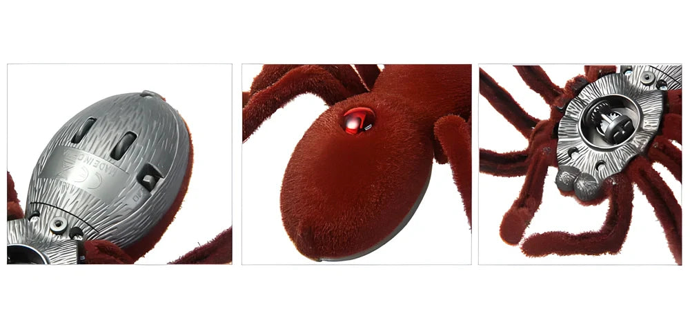 Premium realistic remote control spider toy with brown colour, illuminating eyes and back, and infrared remote control