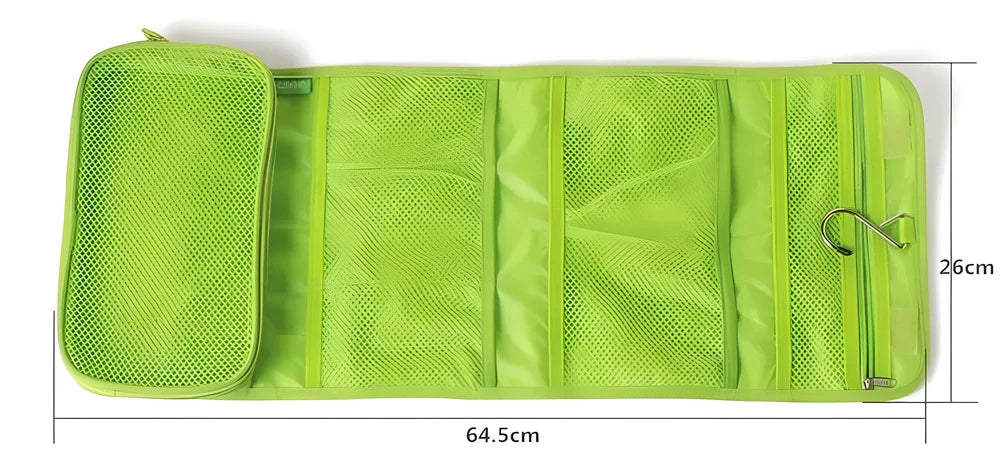 A compact, foldable travel toiletry organiser made of durable polyester with multiple compartments for organising cosmetics, makeup, and bathroom essentials.