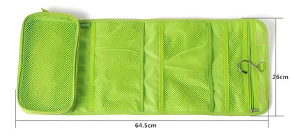 A compact, foldable travel toiletry organiser made of durable polyester with multiple compartments for organising cosmetics, makeup, and bathroom essentials.