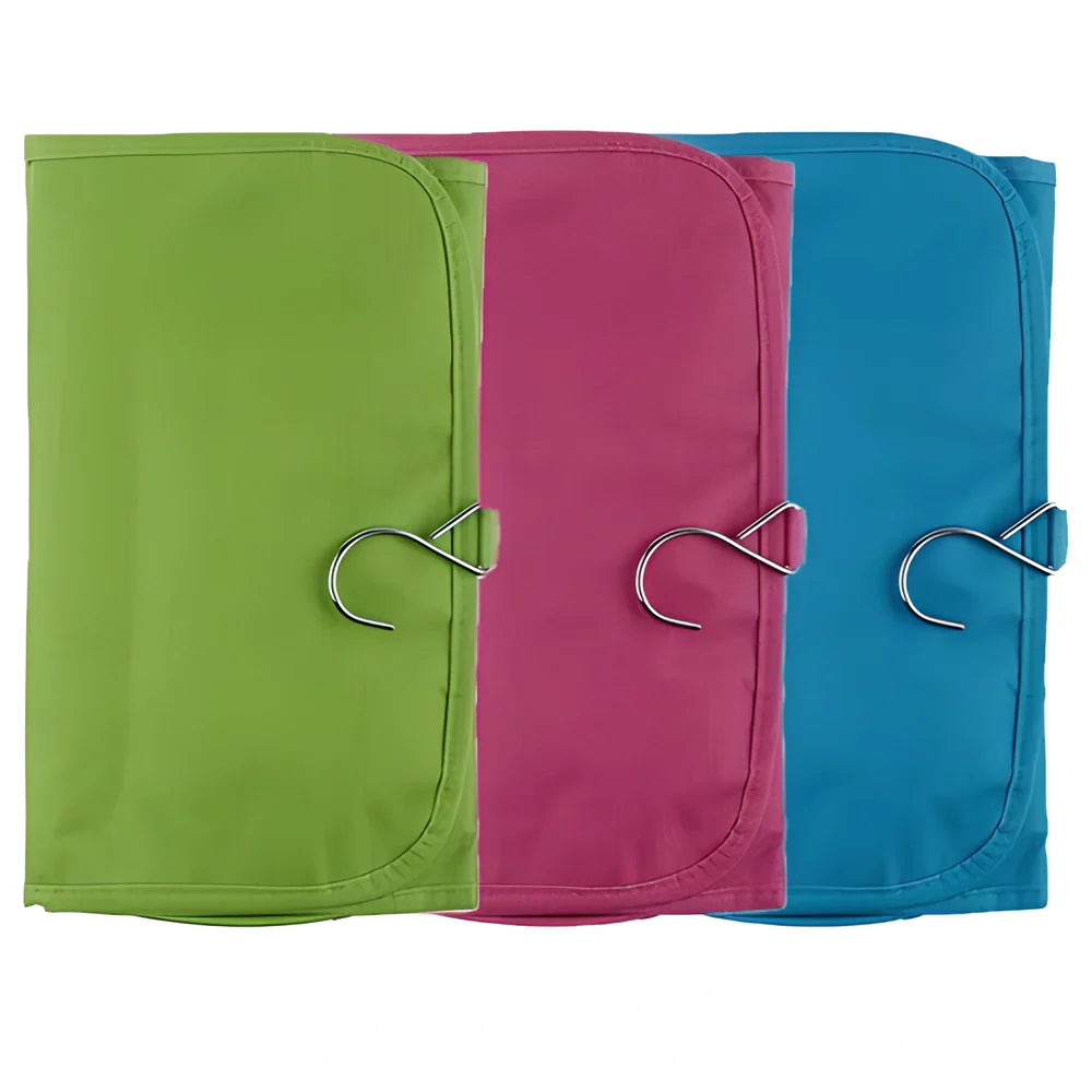 A compact, foldable travel toiletry organiser made of durable polyester with multiple compartments for organising cosmetics, makeup, and bathroom essentials.