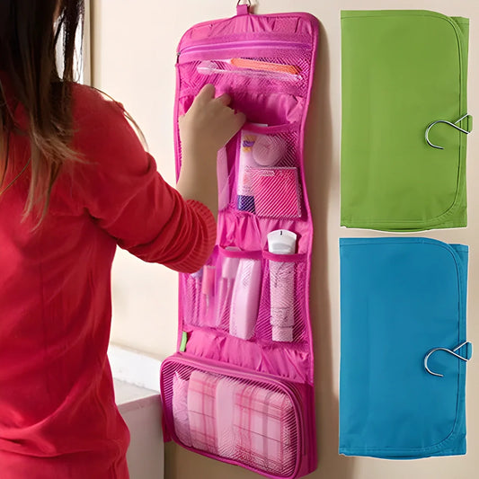 A compact, foldable travel toiletry organiser made of durable polyester with multiple compartments for organising cosmetics, makeup, and bathroom essentials.