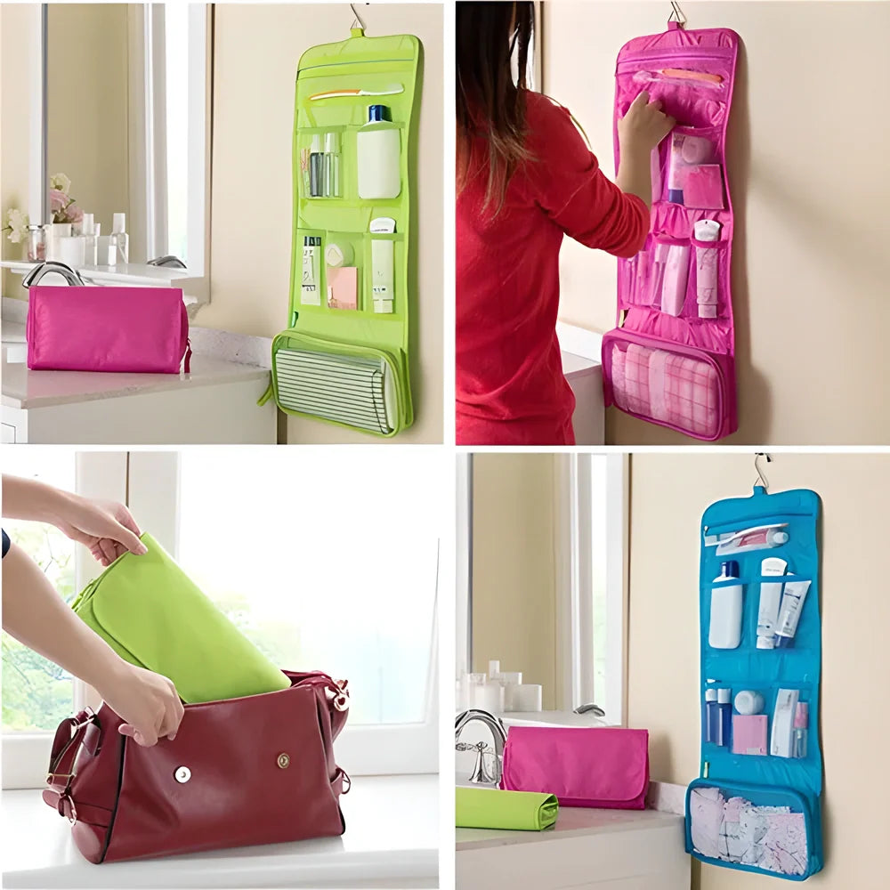 A compact, foldable travel toiletry organiser made of durable polyester with multiple compartments for organising cosmetics, makeup, and bathroom essentials.
