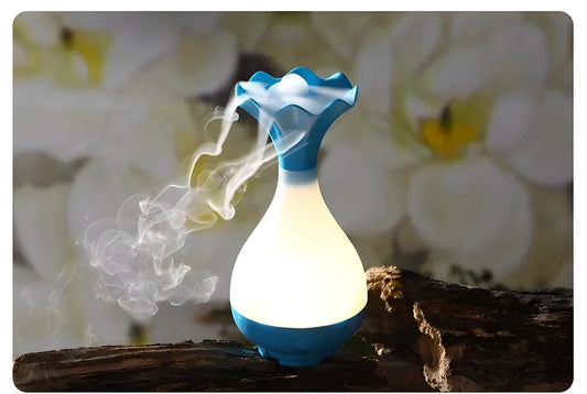 Elegant ultrasonic aroma diffuser and humidifier in various colours, creating a soothing and relaxing atmosphere.